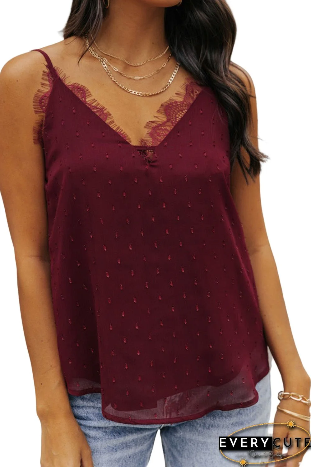 Red Eyelash Lace Trim Textured Cami Top