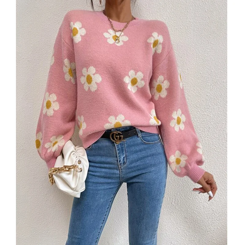 Wongn Wongn And Winter New Women's Fashion Sweater Long Sleeve Loose Knit Jumper Round Collar Small Autumn Chrysanthemum Women's Type Sweater