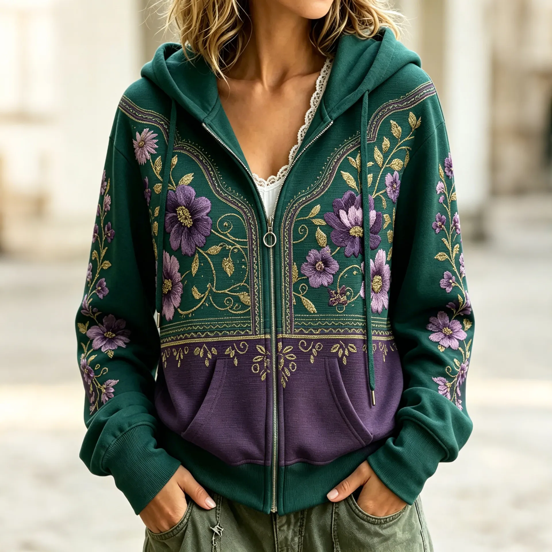 Comstylish Women's Retro Floral Art Print Color Block Zipper Hoodie