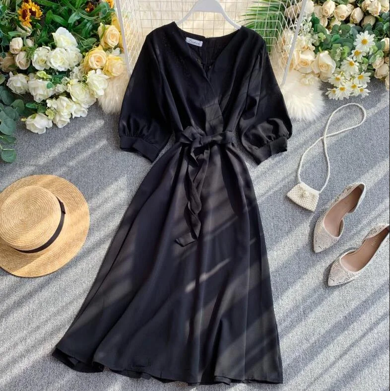 Summer 2020 Women Dress Solid V-Neck Half Sleeve Bandage Dress Vestidos Chic Elegant A Line High Waist Midi Long Dress