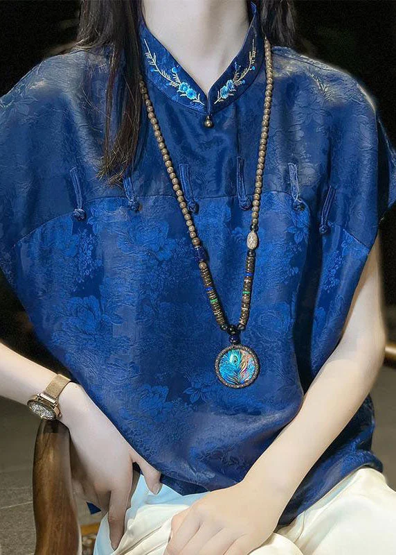 Chinese Style Blue Embroideried Patchwork Jacquard Silk Shirt Summer