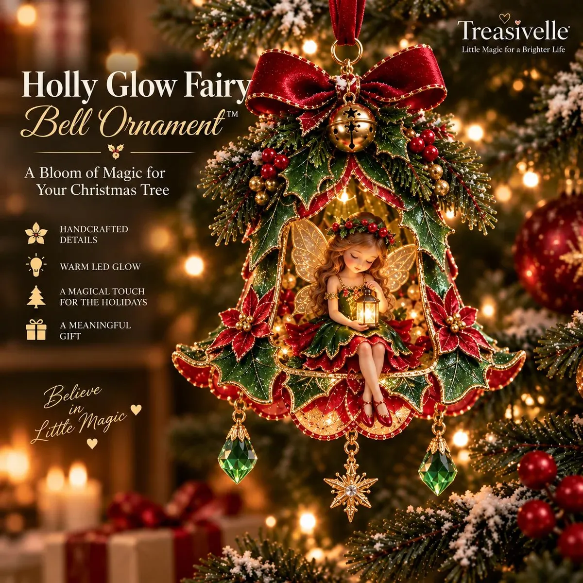 Holly Glow Fairy Bell Ornament