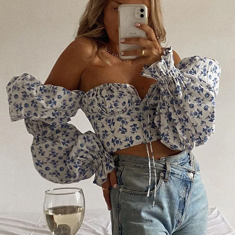 Puff Sleeve Top Women Tie Front Floral Print Crop Tops Retro Square Collar Elegant Sexy Off Shoulder Vintage Blouses Shirts Tops
