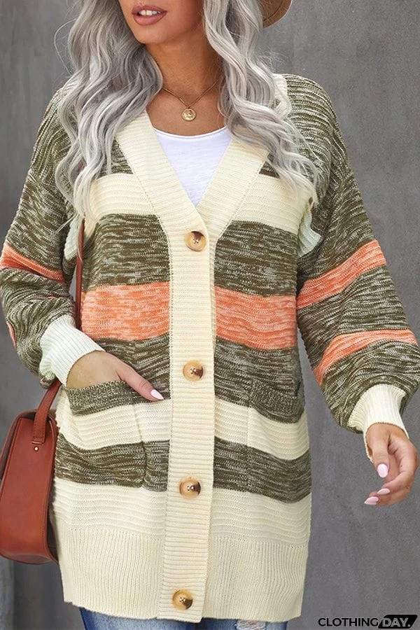 Multicolor Striped Panel Blend Cardigan Sweater