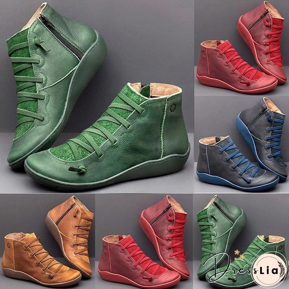 Womens Medieval Vintage Leather Boots Braided strap flat heel all season waterproof slip