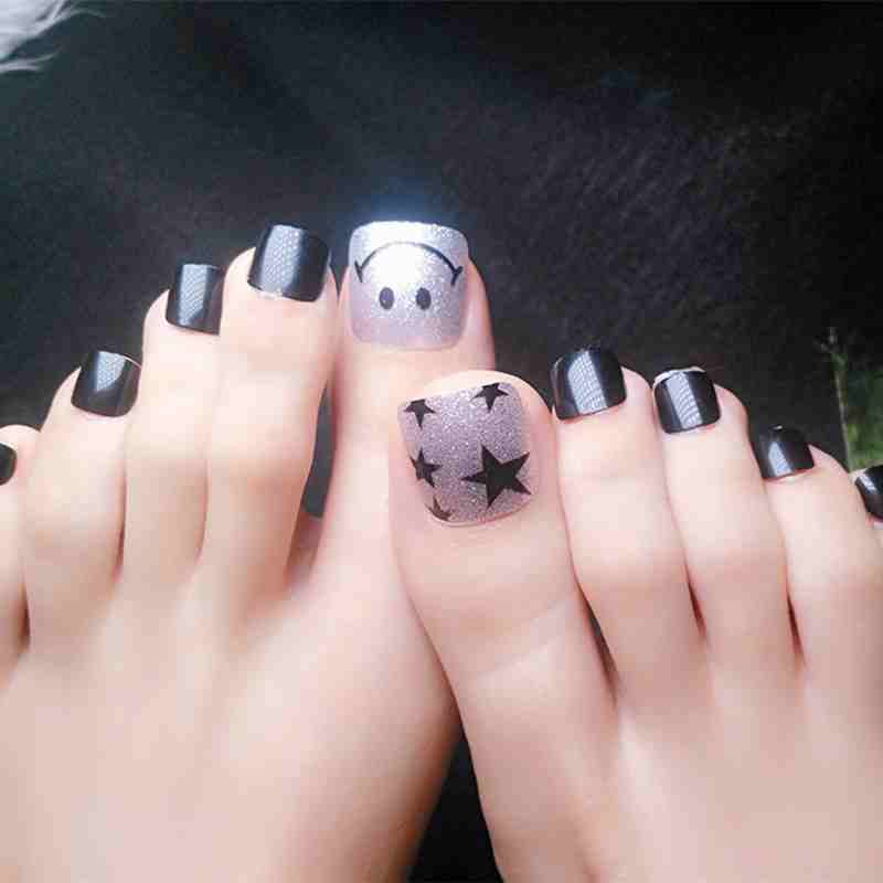 24Pcs Glitter Silver Artificial Fake Toe Nails Smile Star False Toenail  DIY Foot Nail Art Tips With Design Manicure Tools