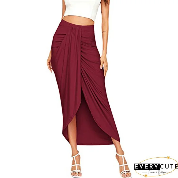 Khaki High Waist Pleated Front Wrap Pencil Skirt
