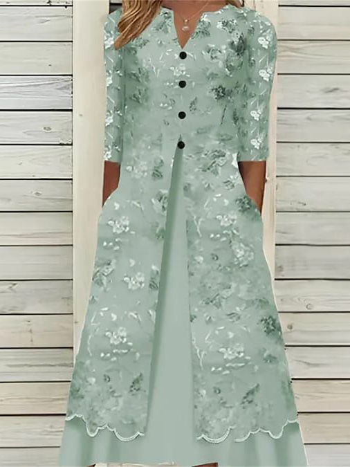 Fashionmigo Flower Print V-Neck Half Sleeve Fake Two Piece Dress
