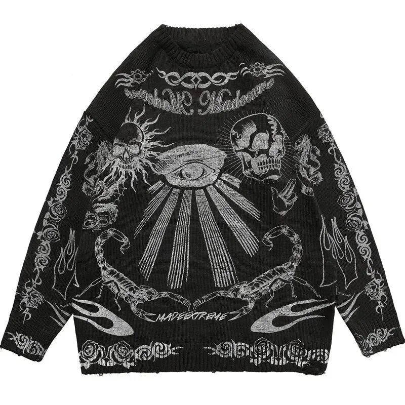 Wongn New Street Girls Gothic Fashion Harajuku Punk Rock Hip-hop Skull Dark Flame Y2K Neck Long Sleeve Knitted Fashion Sweater