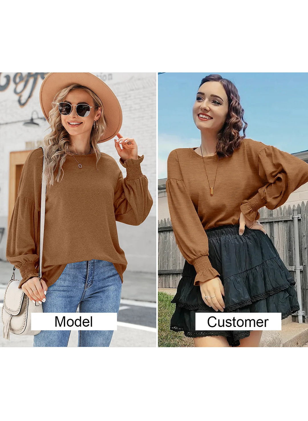 MIHOLL Womens Long Sleeve Top Crew Neck Ruffle Lantern Sleeve Casual Loose Blouse T Shirts
