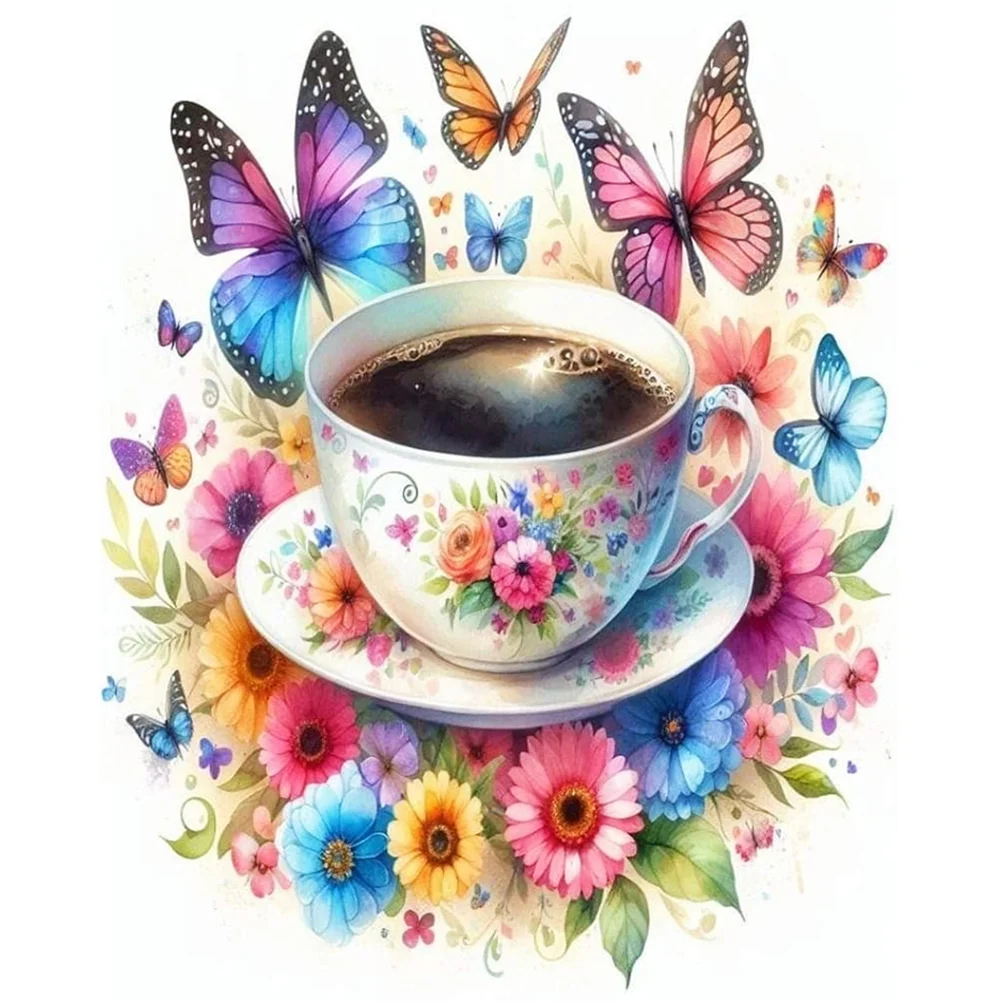 11CT Full Stamped Cross Stitch - Flower Butterfly Coffee(Canvas|40*50CM)