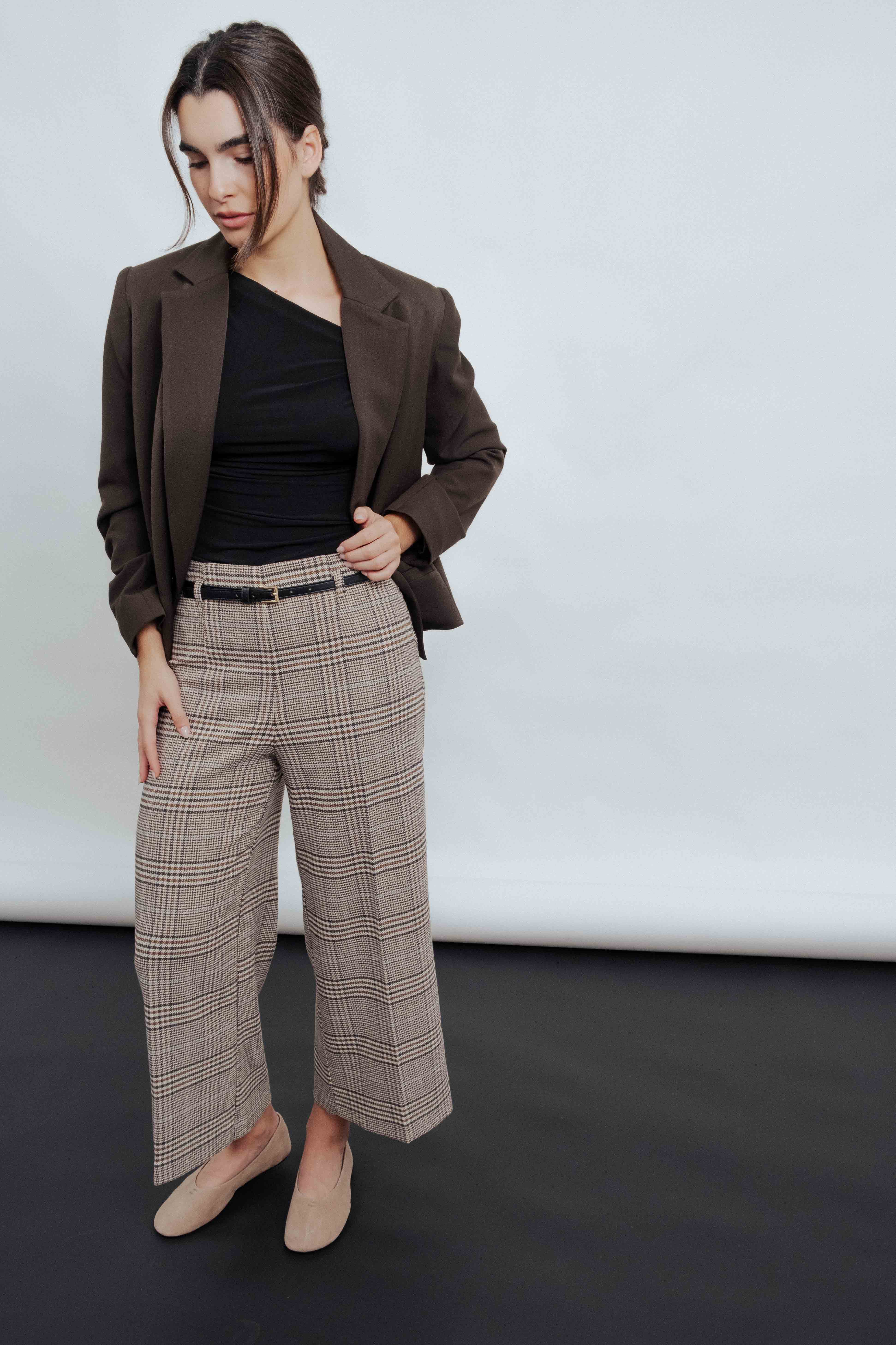 Pantalon Culotte &Agrave; Carreaux Marron en Polyester et Viscose