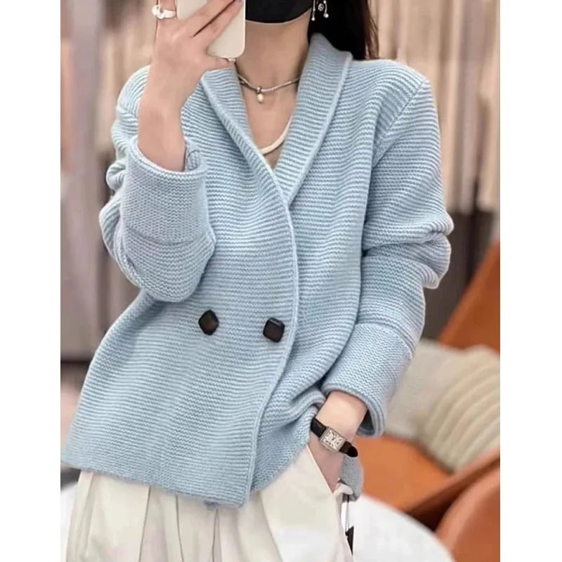 European 100% cashmere knitted cardigan coat Female autumn and winter temperament  loose wool sweater coat Aiertu