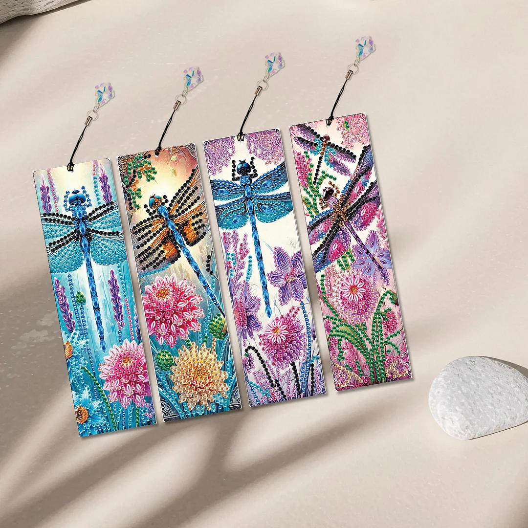 4Pcs Dragonfly Among Flowers DIY Diamond Bookmark Art Projects Irregular Shaped Diamonds Diamond Painting Art Bookmarks with Crystal Pendants for DIY Making Beginners Adult Art Craft Supplies