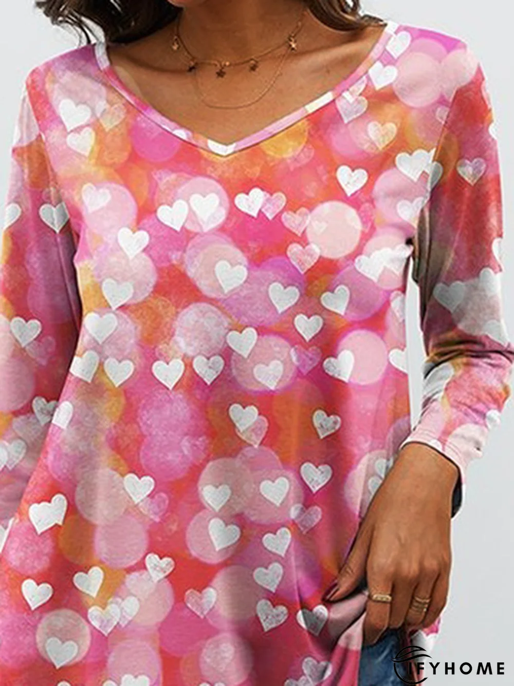 Love Heart Long Sleeve V Neck Casual Tunic T-Shirt | IFYHOME
