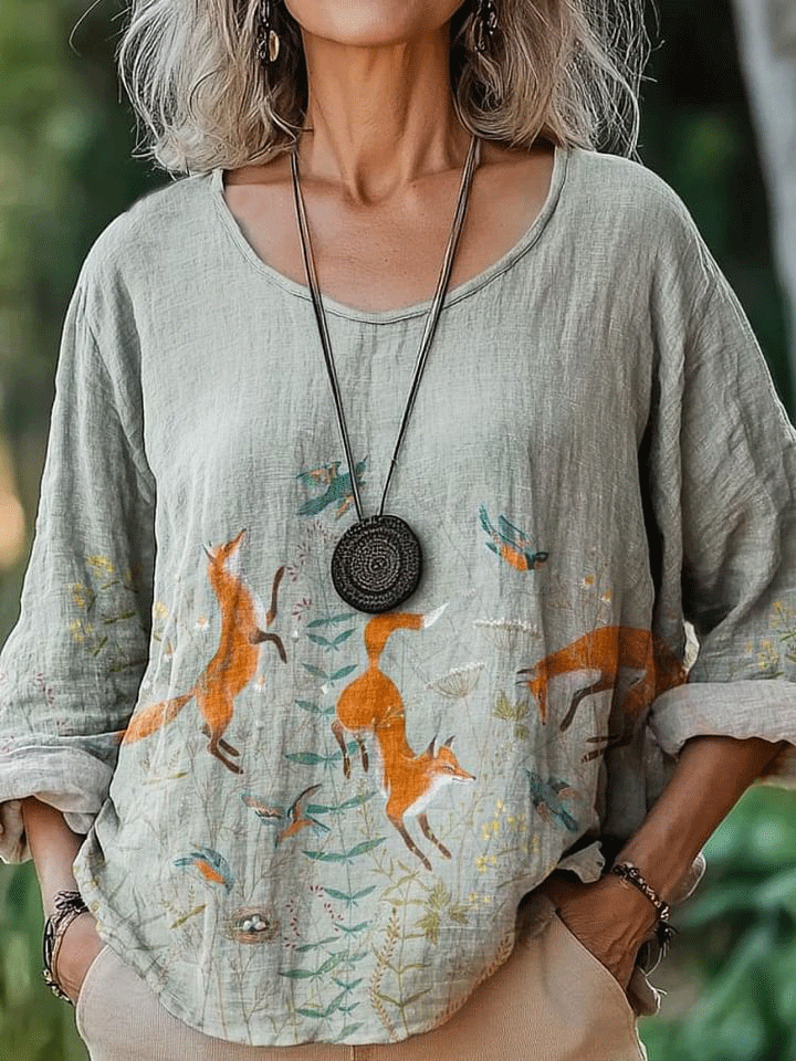 Women's Vintage Lovely Floral Fox Art Print Casual Cotton And Linen Shirt