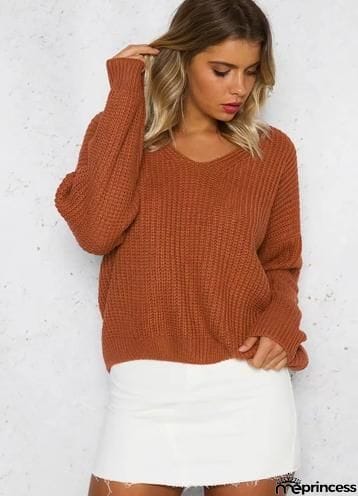 V Neck Solid Color Long Sleeve Knit Sweater