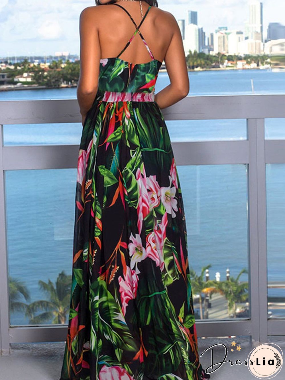 Beach Sling Leak Back Flower Print Maxi Dress P10165