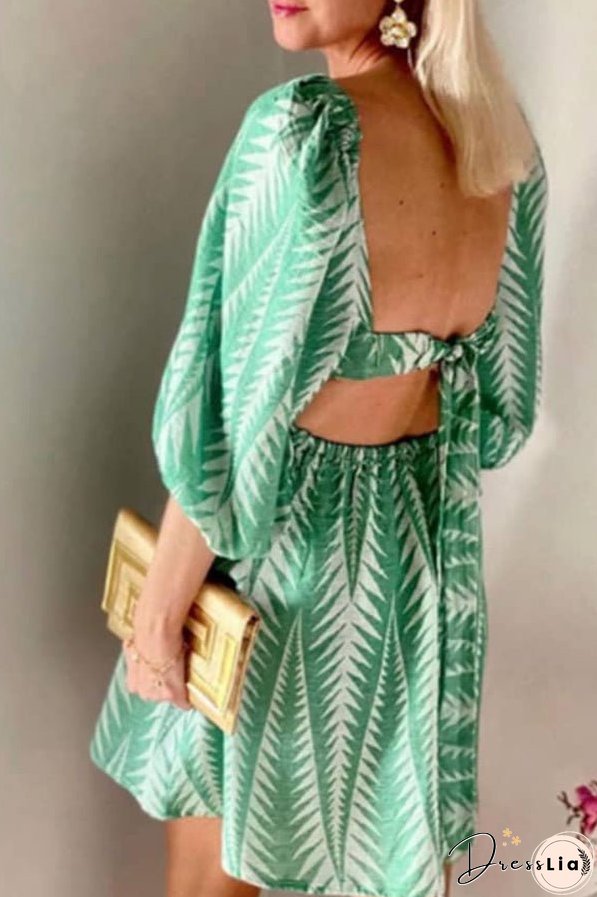 Summer Greens Linen Blend Ethnic Print Balloon Sleeve Back Tie-up Mini Dress