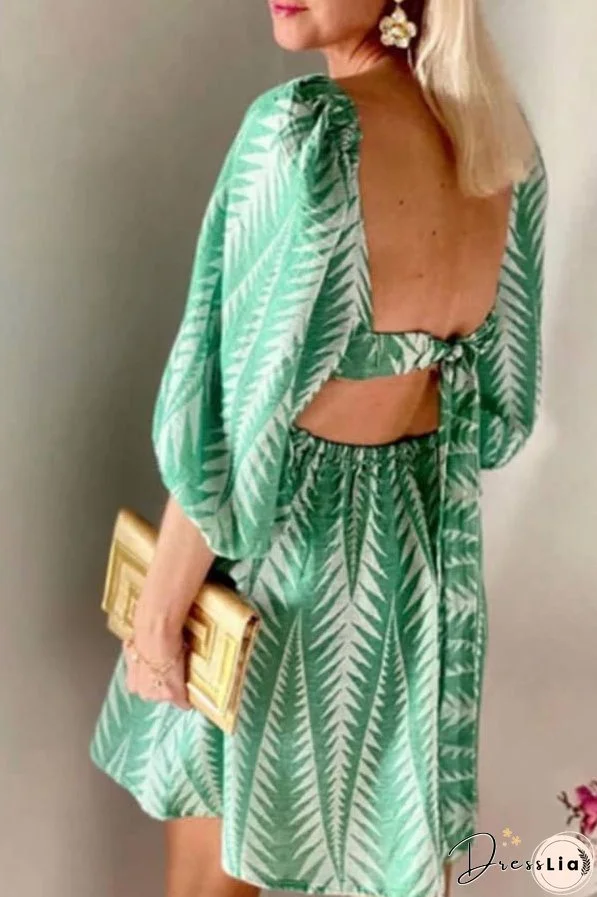 Summer Greens Linen Blend Ethnic Print Balloon Sleeve Back Tie-up Mini Dress