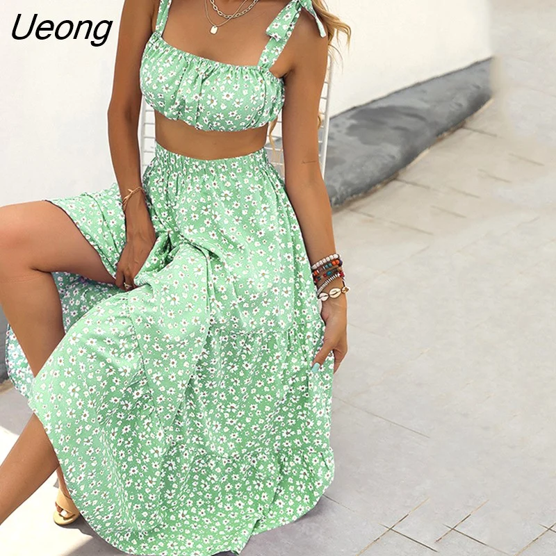 Ueong Print Floral Skirts two piece sets female summer 2022 new retro sweet fresh temperament two-piece suit long skirt sets