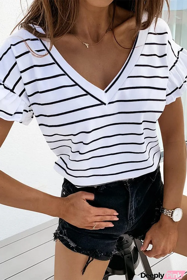 Stripe V-neck Short Sleeve T Shirt