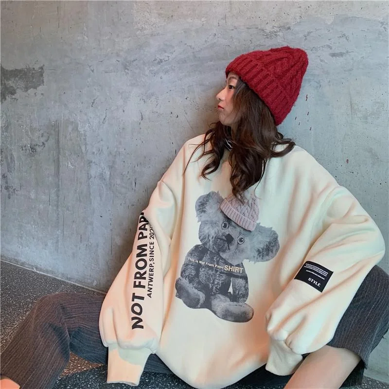 Bear Print Cute Oversized Sweatshirt Korean Loose Plus Velvet Long Sleeve Women Sweetshirts Pullover Womens Clothing Streetwear