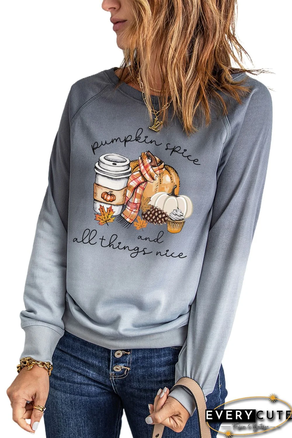 Gray Pumpkin Letter Graphic Print Crew Neck Sweatshirt