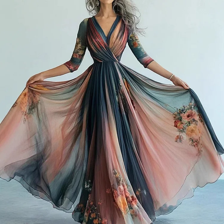 Boho Chiffon Gradient Floral Print V Neck Maxi Dress