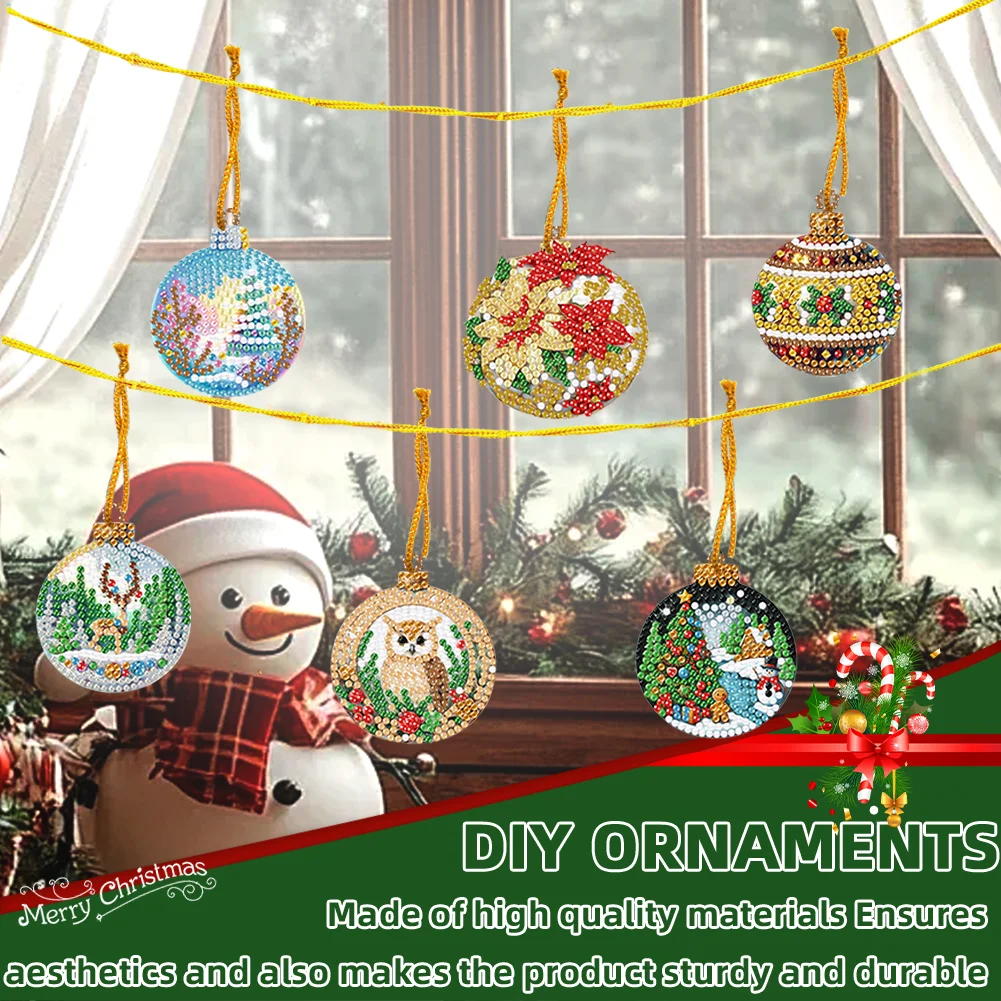 6pcs Xmas Balls 2D Flat DIY Diamond Painting Art Pendant Wall Door Decoration