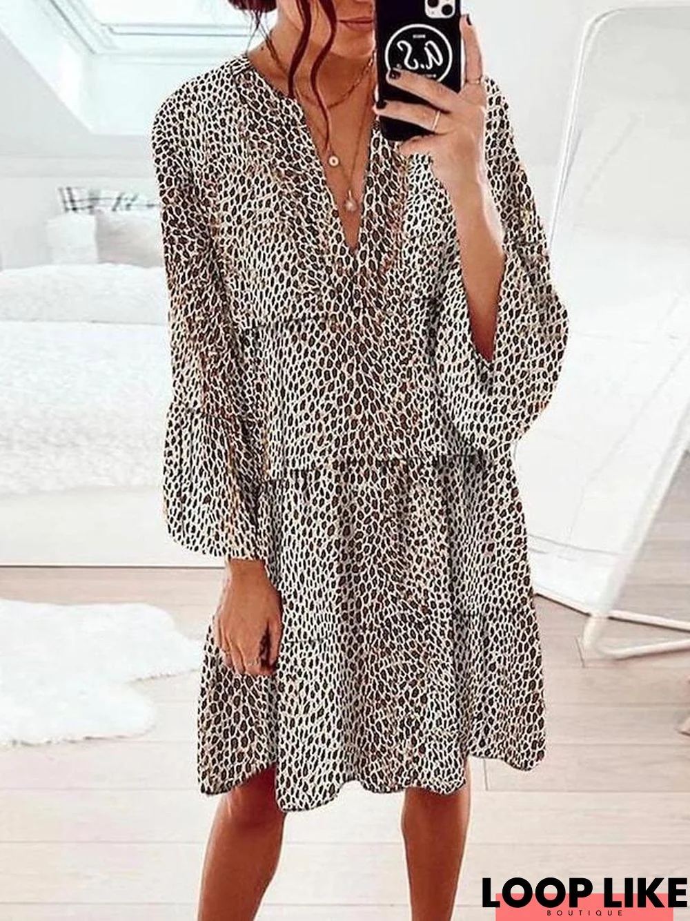 Women's Shift Dress Knee Length Dress Brown 3/4 Length Sleeve Print Layered Bow Print Spring Summer V Neck Casual Lantern Sleeve