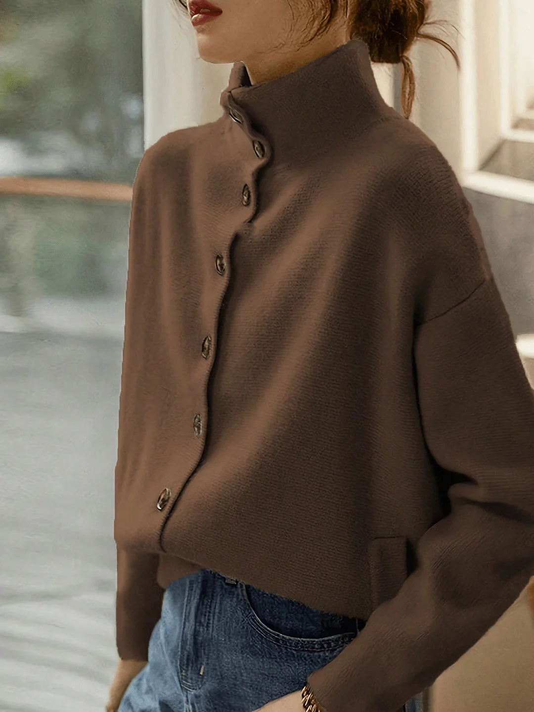 Nigikala Nigikala And Winter Women's Clothing Pure Color Leisure Single Row Buckle Collar Long-Sleeved Knitted Cardigan Women Elegant And Simple