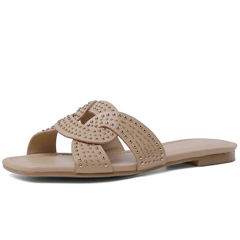 2021 New Genuine Leather flats Slippers Brand Design Elegant Square Toe 1cm Heel Women Shoes Ladies Summer Outdoor Beach Shoes