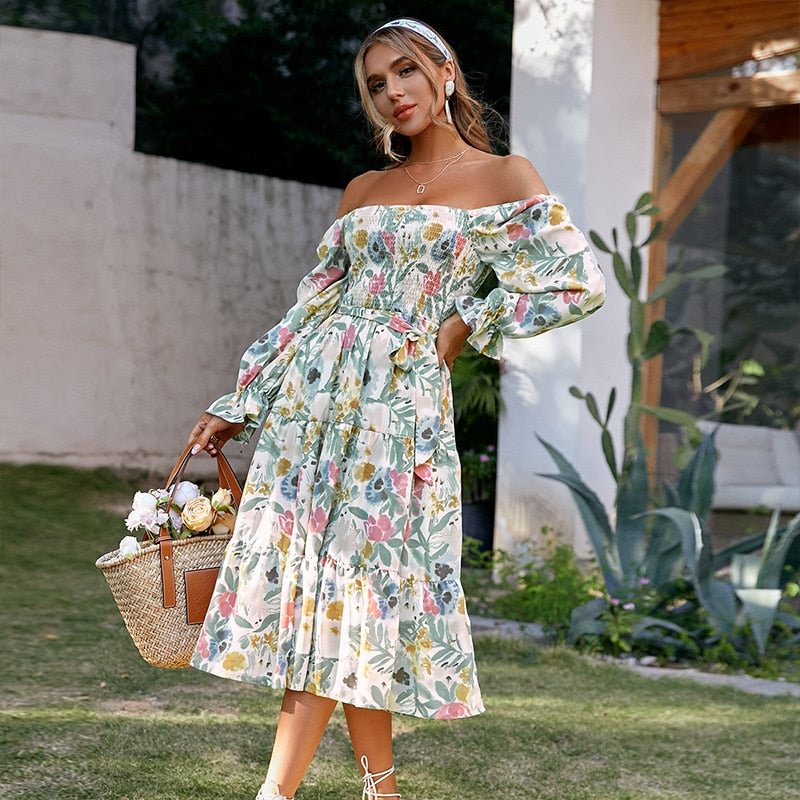 Simplee Sexy off shoulder long sleeve ruffle holiday dress women Summer print beach sash vestidos Square collar elastic dresses