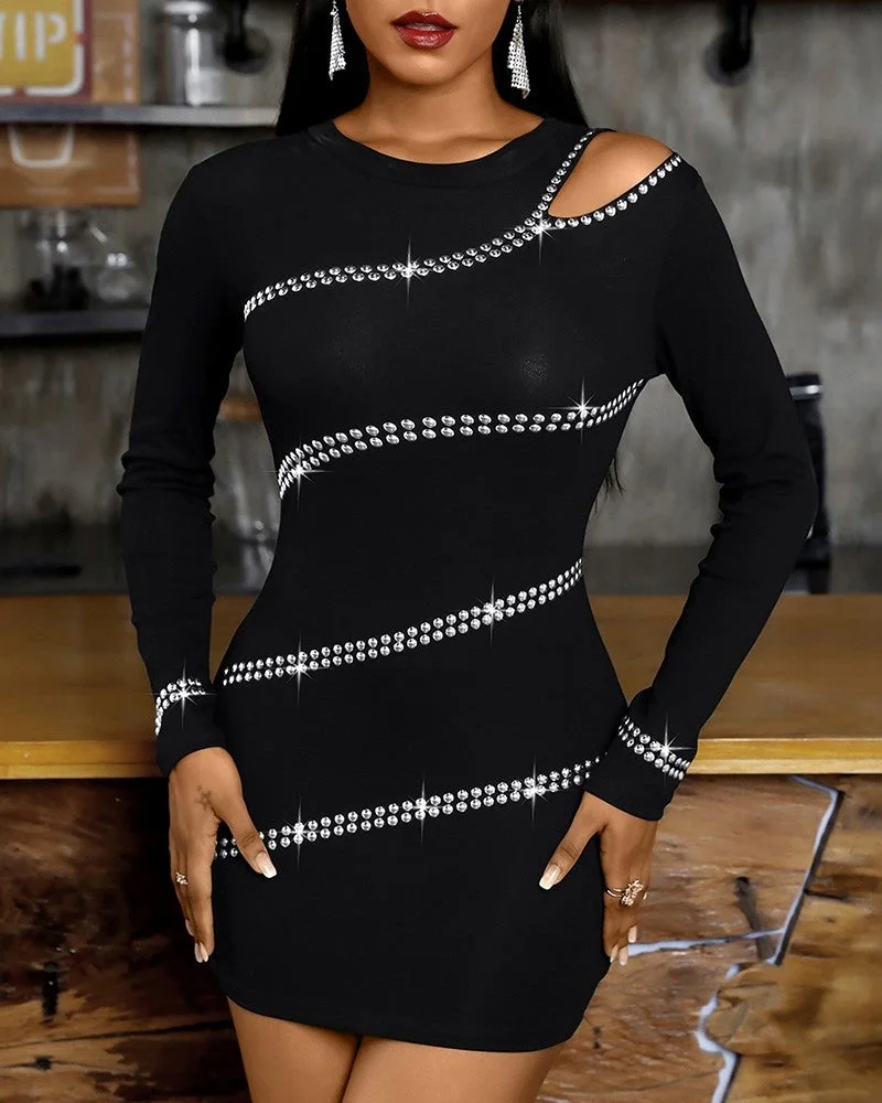 Cutout Rhinestone Decor Long Sleeve Bodycon Dress Black Dresses | EGEMISS