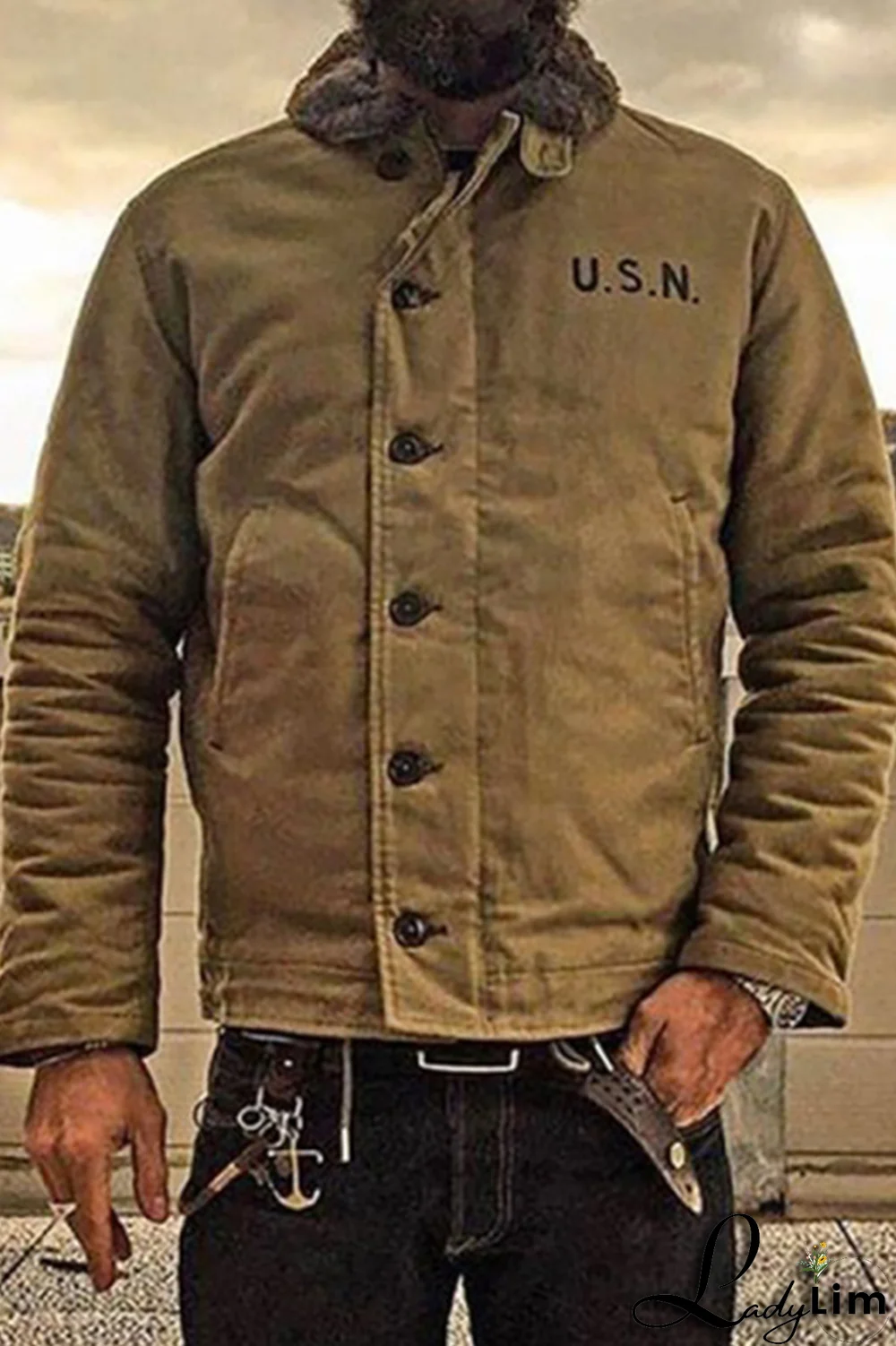 Black Fashion Casual Letter Pocket Buckle Turndown Collar Outerwear