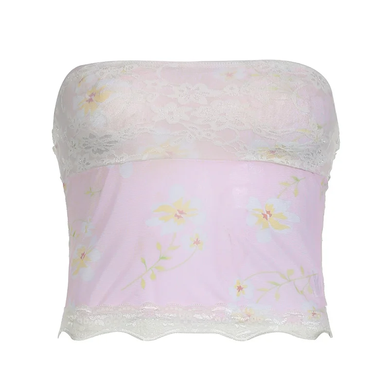 Ueong Sweet Wind Sleeveless Printing Lace Breast 2024 Summer Style Pure Desire Sexy Slim Show Navel Blouse Woman