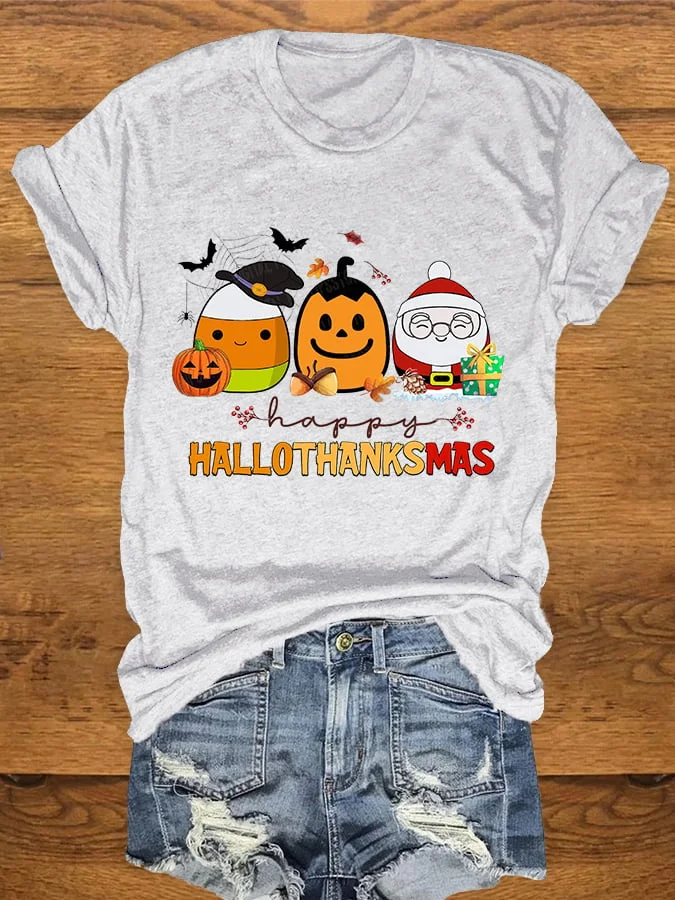Women's Happy hallothanksmas Print Short Sleeve T-Shirt