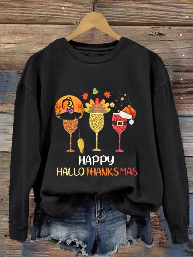 Women's Happy Hallothanksmas Wine Glass Casual Sweatshirt