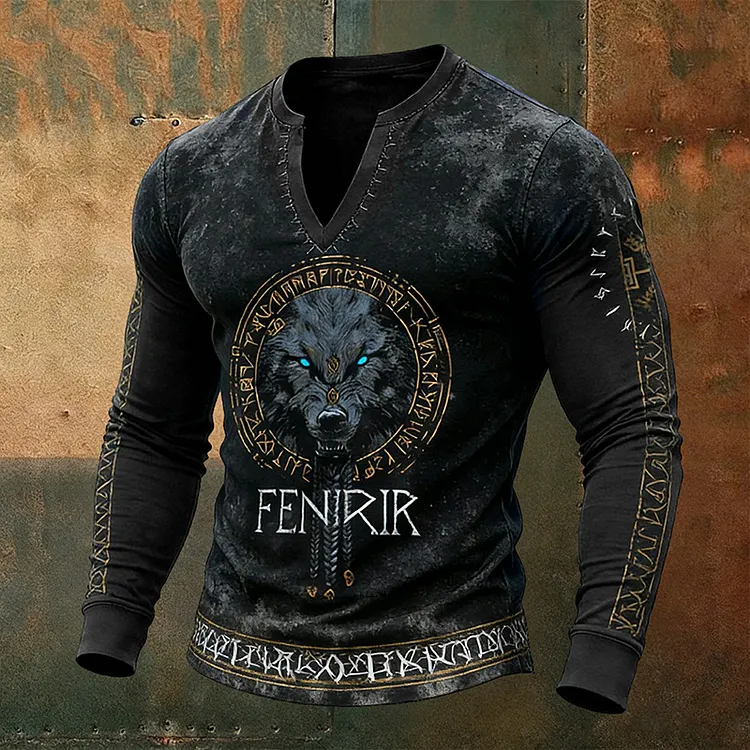 Men's Vintage Viking Wolf Print Short-sleeved Shirt