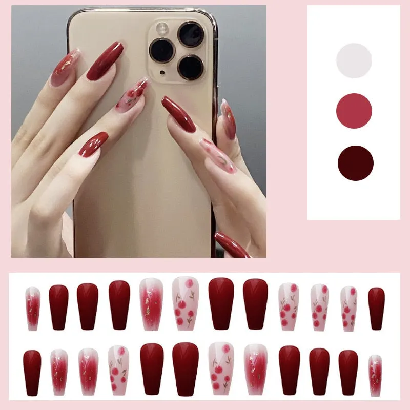 24pcs/Set Gorgeous Wine Red False Nails With Glue Middle Long Round Head Full Nail Tips Finished Fake Nail artificial nails-Nail Inspo
