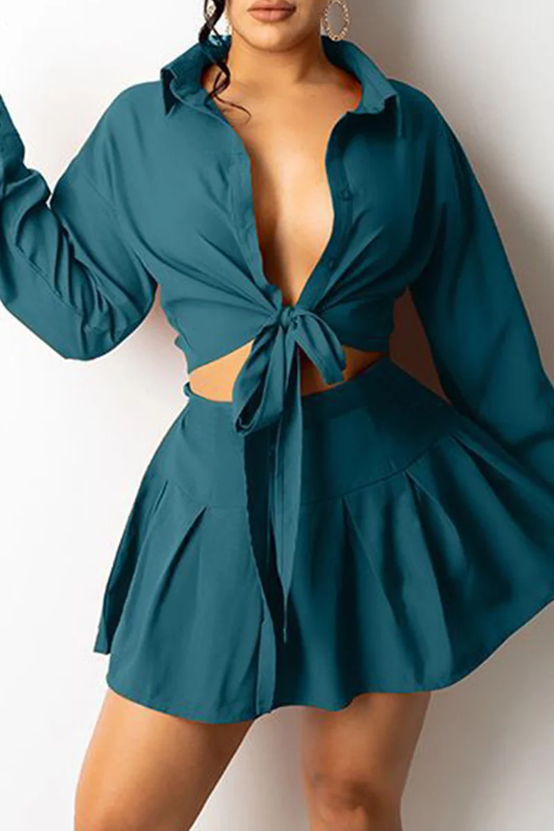 Dark Green Fashion Casual Solid Bandage Turndown Collar Long Sleeve Two Pieces | EGEMISS