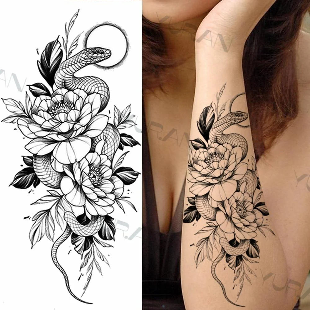 Black Large Snake Flower Fake Tattoo Sticker For Women Dot Rose Peony Temporary Tattoos DIY Water Transfer Tatoos Girls 1029