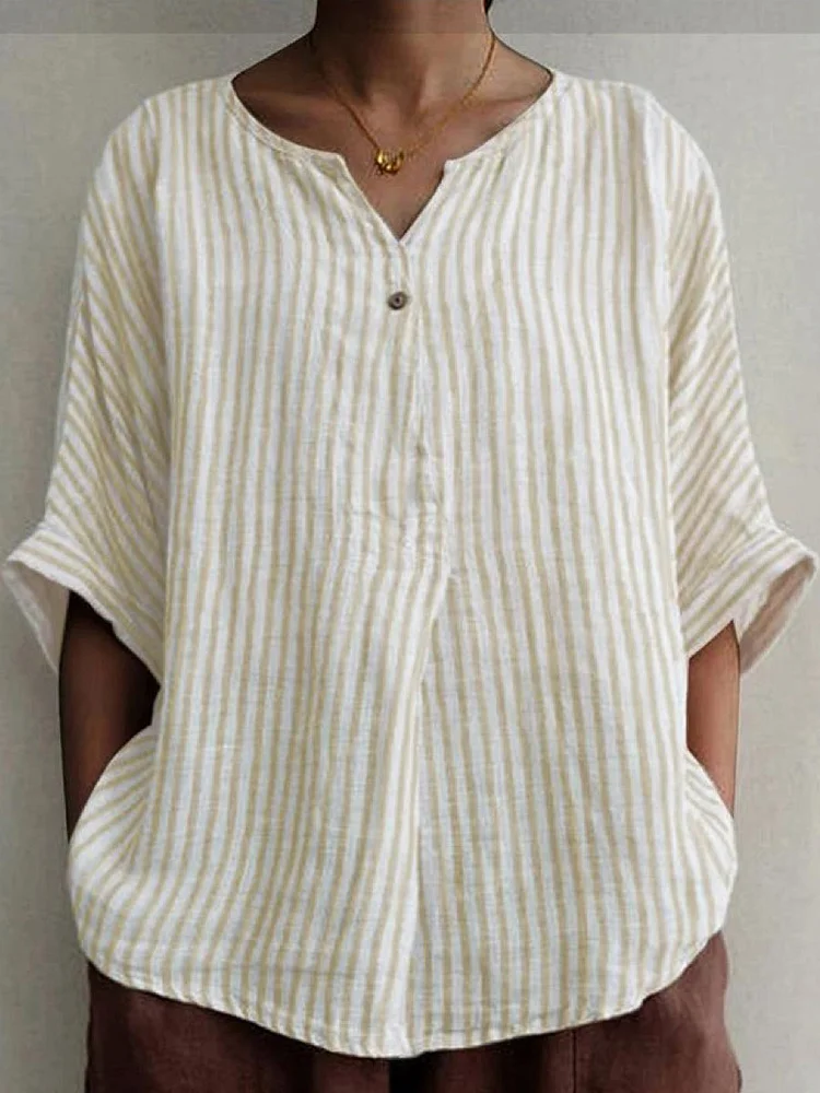 V-neck Loose Stripe Print Sunscreen Short-sleeved Blouse socialshop