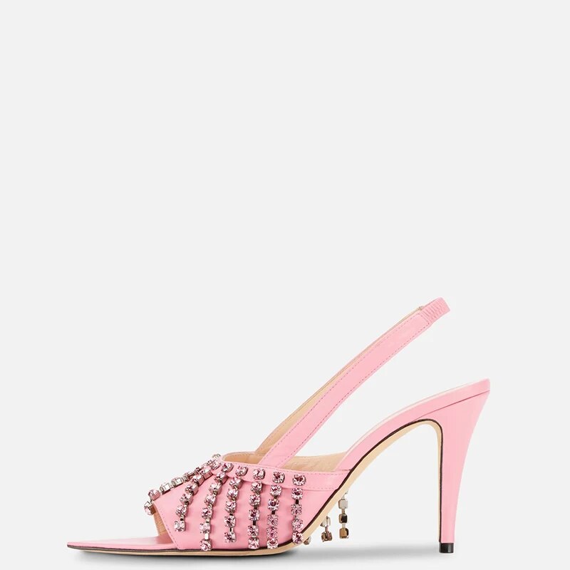 TAAFO Pink Crystal Fringe Slingback Women's Sandals Stiletto High Heels Pointed Toe Party Ladies Shoes 