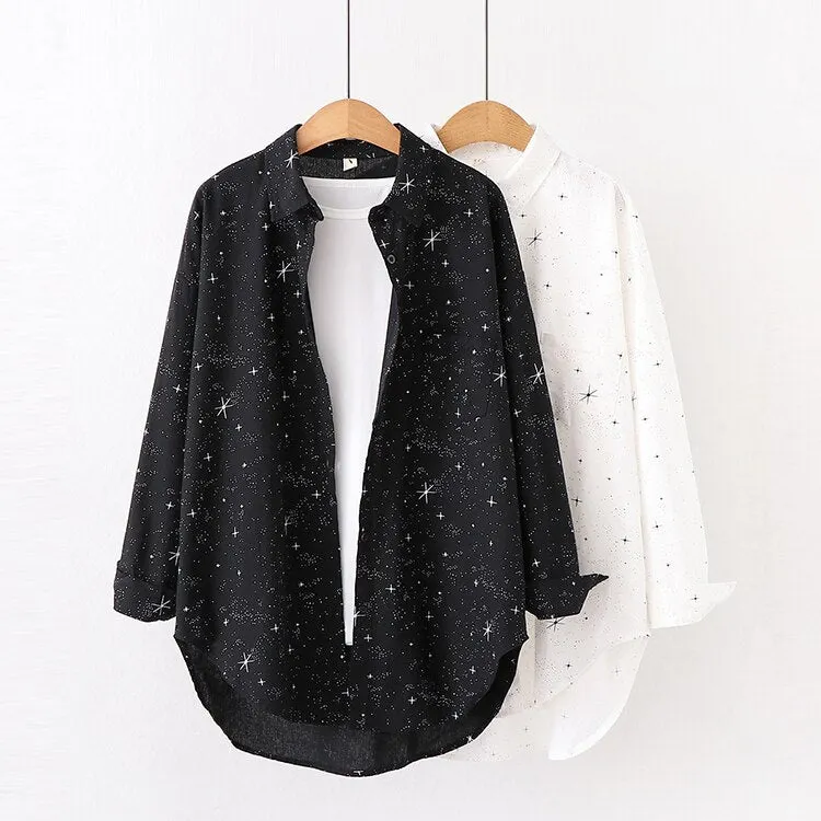 Fine Women's Star Printed Long Sleeve Shirts and Tops 2021 Autumn New Lady Casual Loose Shirts Black White Blouse Ladies Clothes