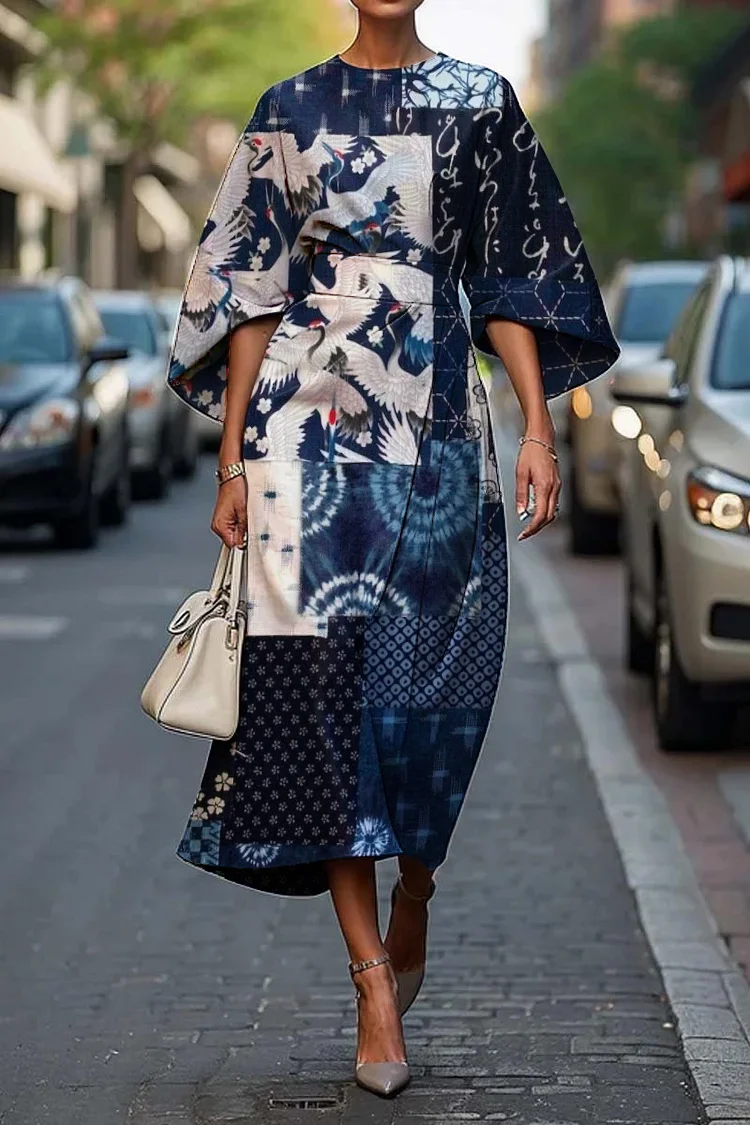 Women's Elegant Japanese Art Print Midi Dress
