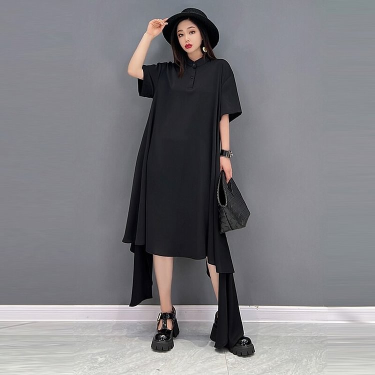 Simple Chiffon Solid Color Half Stand Collar Half Sleeve Irregular Hem Dress     