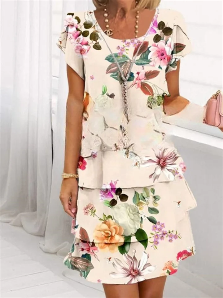 Women's Short Sleeve Round Neck 3D Printed Chiffon Dresses-JRSEE
