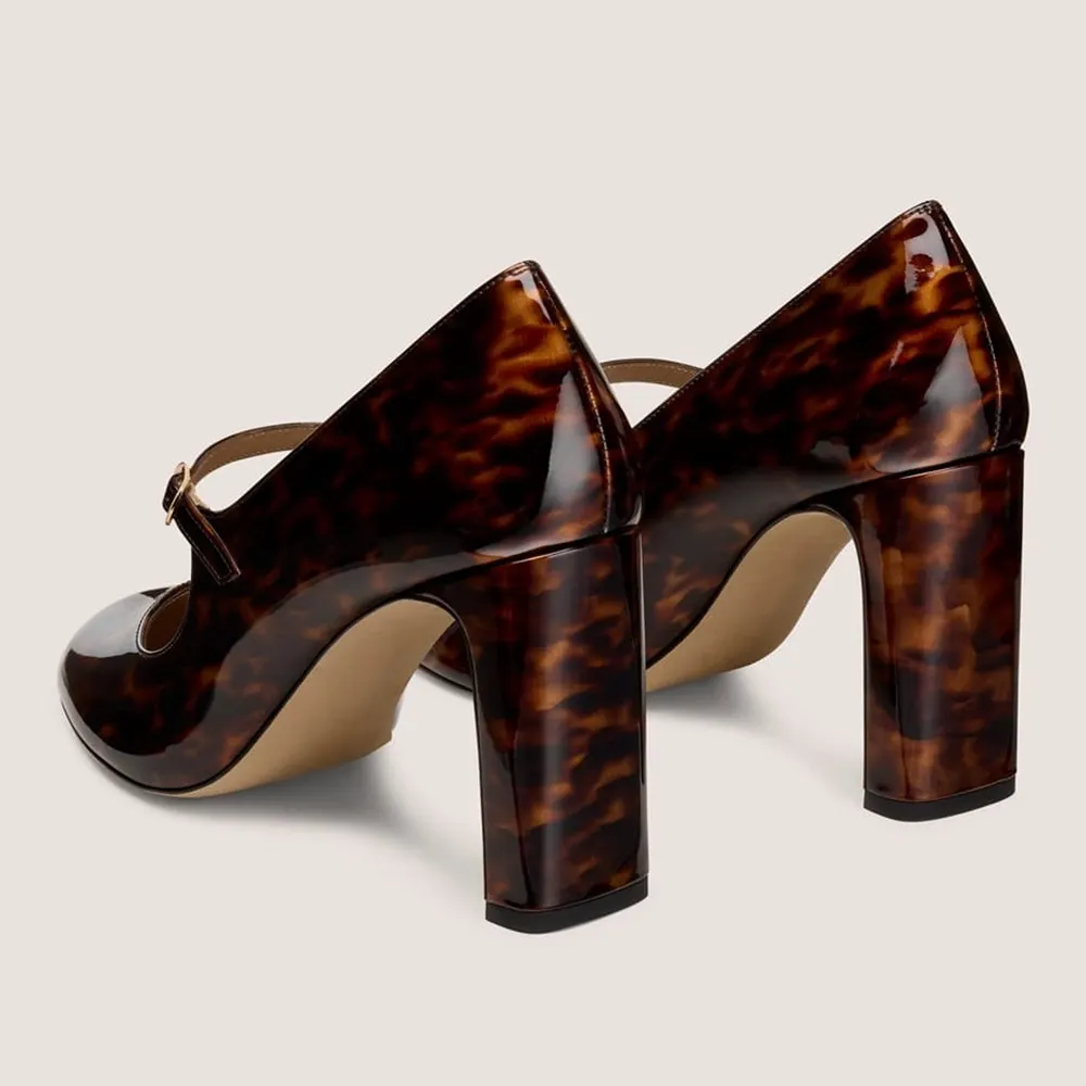 Brown Tortoise Patent Leather Round Toe Block Heel Mary Jane Pumps